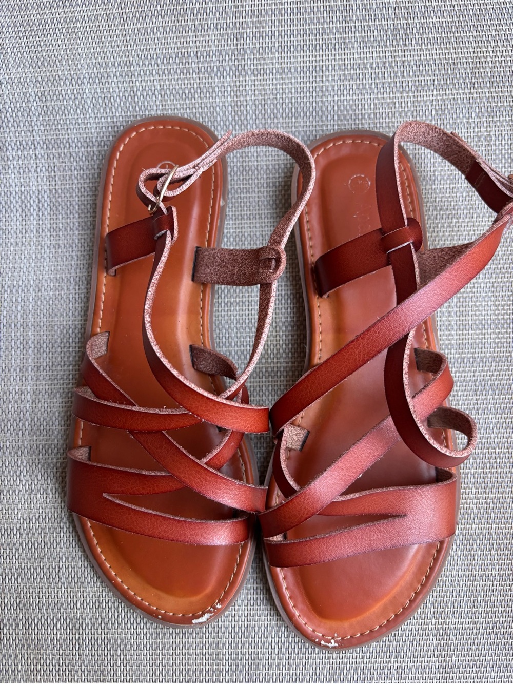 Girls' Strappy Red Brown Leather Sandals with Ankle Tie